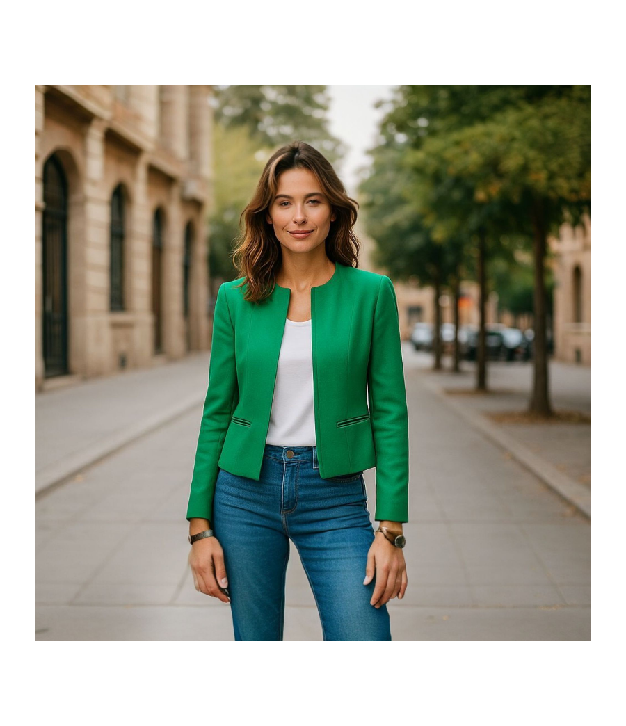 Veste  sans col femme-haut élégant  -mode actuelle-intemporel